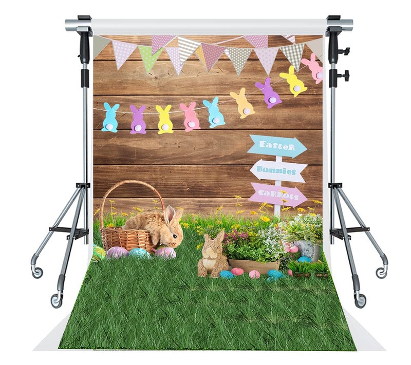 HMTFOTO 5x7ft Easter Photography Backdrops Wooden Eggs Green Grass Colorful Bokeh Photography Background Floral Bunny Decoration Backdrop Easter Photo Background for Baby Show Children - Image 1