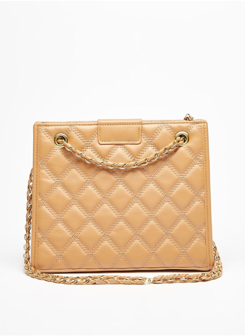 Quilted Shoulder Bag with Chain Accented Strap and Button Closure