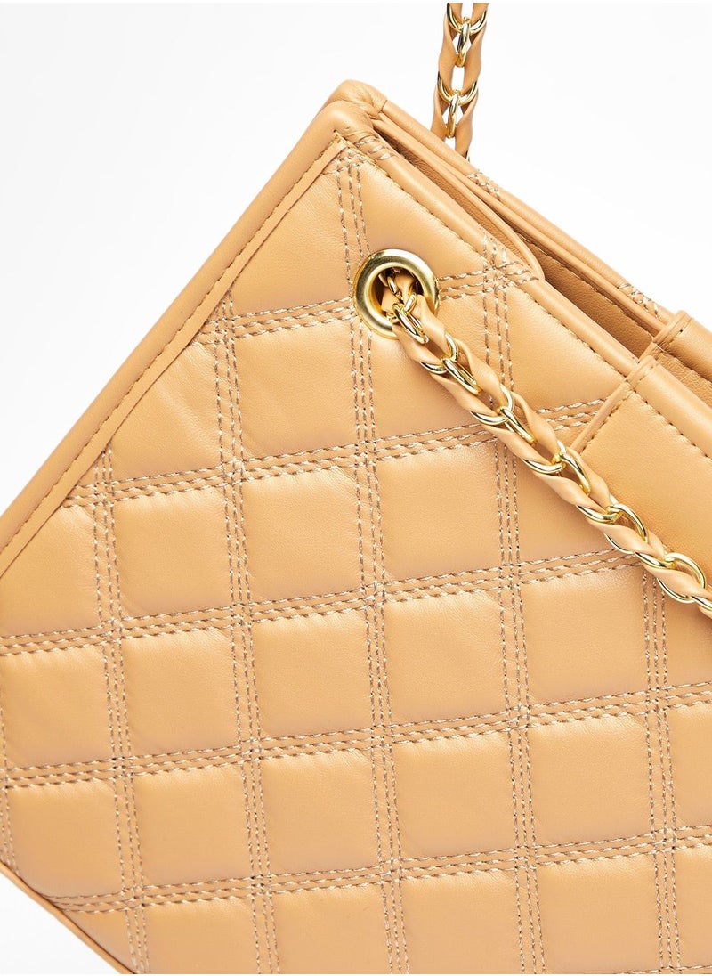 Quilted Shoulder Bag with Chain Accented Strap and Button Closure