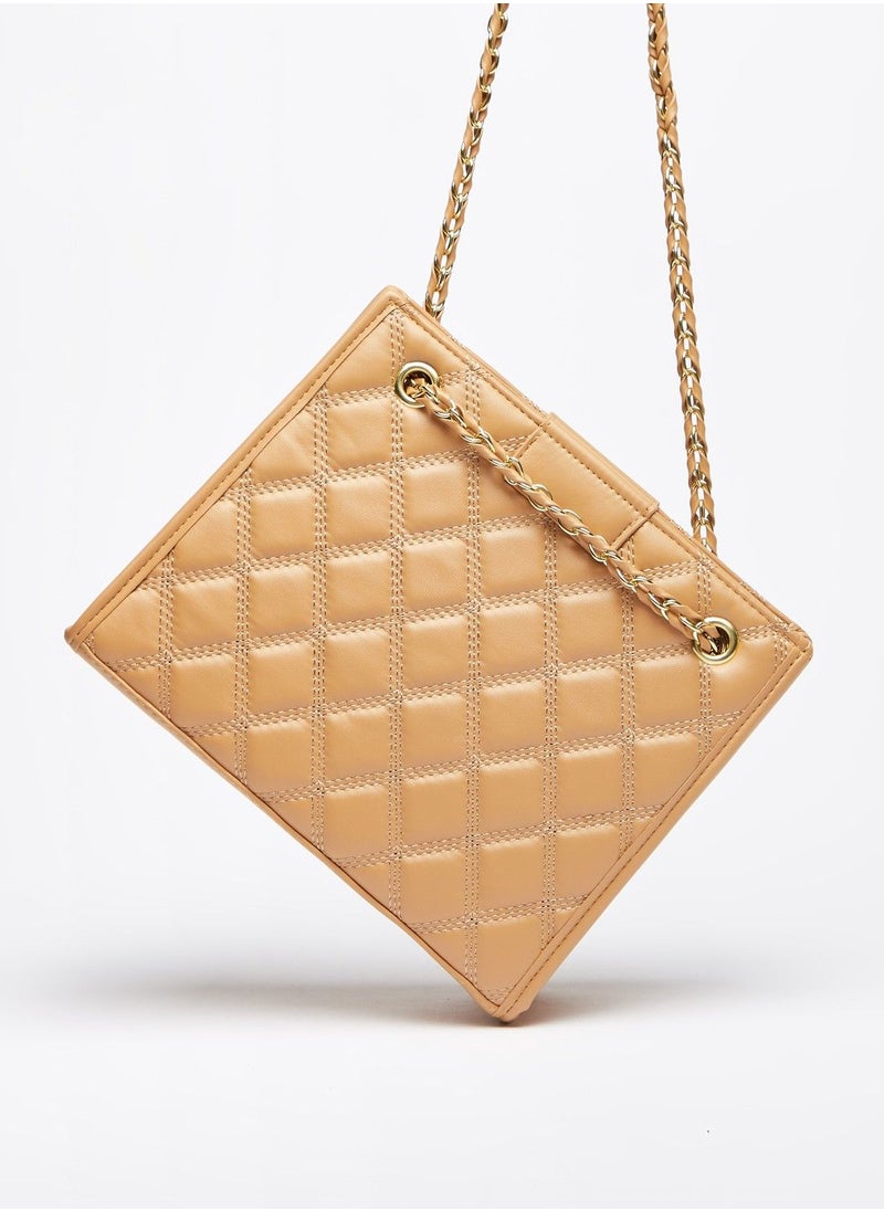Quilted Shoulder Bag with Chain Accented Strap and Button Closure