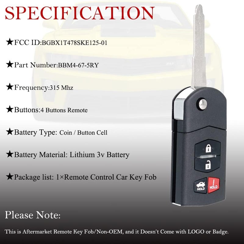 MechanMagic Key Fob Remote Replacement Fits for Mazda MX-5 Miata 2006 2007 2008 2009 2010 2011 2012 2013 2014 2015//Mazda 3 2010-2013/Mazda 6 2009-2013 BGBX1T478SKE125-01 Keyless Entry Remote Control BBM4-67-5RY - Image 3