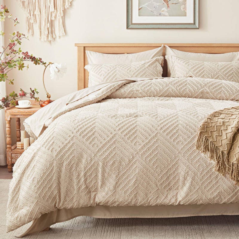 Zzlpp Queen Comforter Set 7 Pieces, Beige Bed in a Bag Queen Size, Tufted Boho Bedding Set with 1 Comforter, 2 Pillow Shams, 2 Pillowcases, 1 Flat Sheet, 1 Fitted Sheet - Image 1