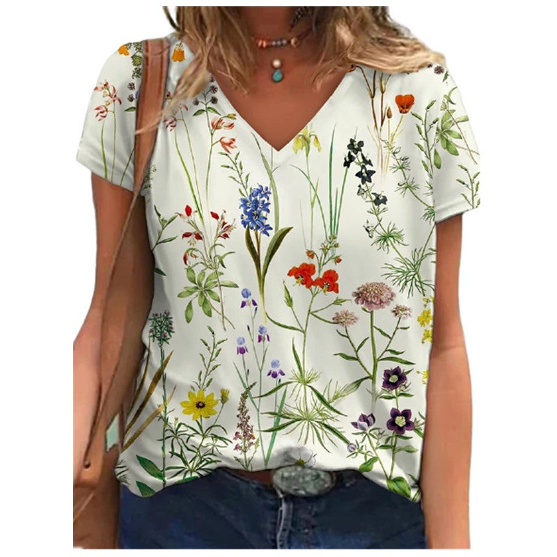 2021 Summer 3D Digital Printing Short-Sleeved V-Neck Women'S Loose T-Shirt - Image 4