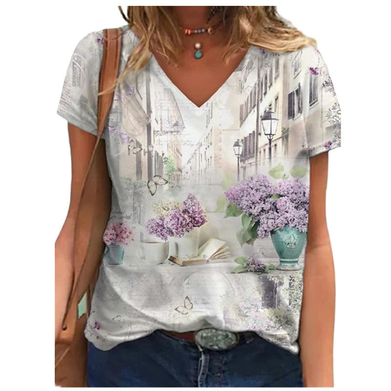 2021 Summer 3D Digital Printing Short-Sleeved V-Neck Women'S Loose T-Shirt - Image 1