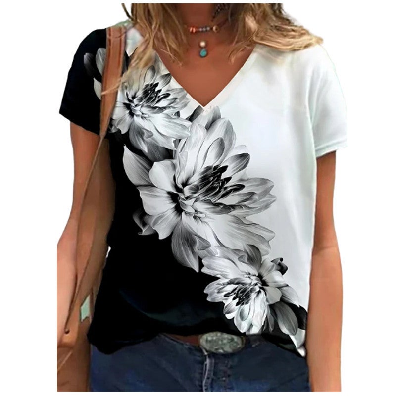 2021 Summer 3D Digital Printing Short-Sleeved V-Neck Women'S Loose T-Shirt - Image 5