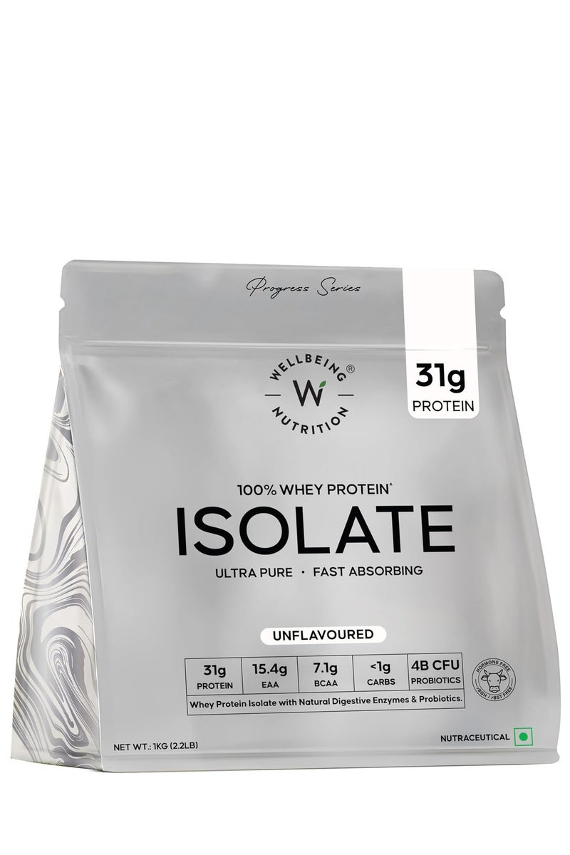 WELLBEING NUTRITION Whey Protein Isolate 1kg Unflavoured | 31g Protein, 7.1g BCAA | 4B CFU Probiotics & Natural Digestive Enzymes | Fast Absorbing, No Bloating, Easy to Digest | Faster Muscle Recovery