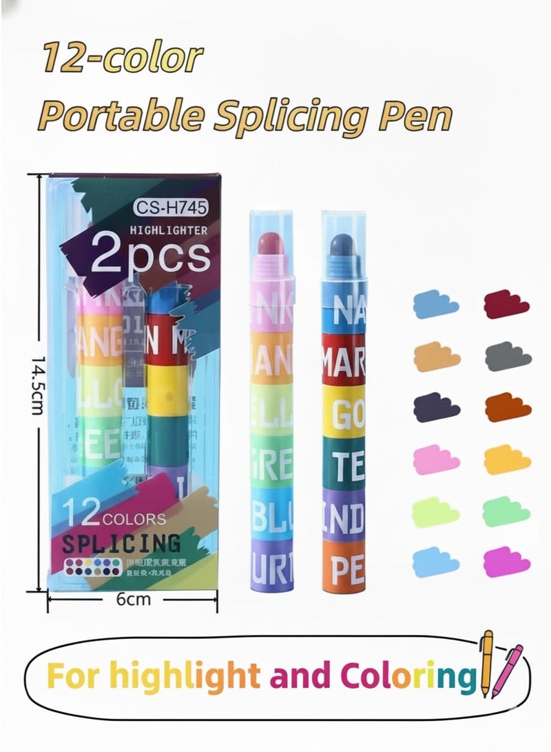 Saudi Select Kids' 12 Colors Pen Set (2 Pcs) - Splicing Mini Crayons for Highlight, Coloring & Creative Art Projects | Fun & Easy-to-Carry Drawing & Painting Supplies for Children - Image 1