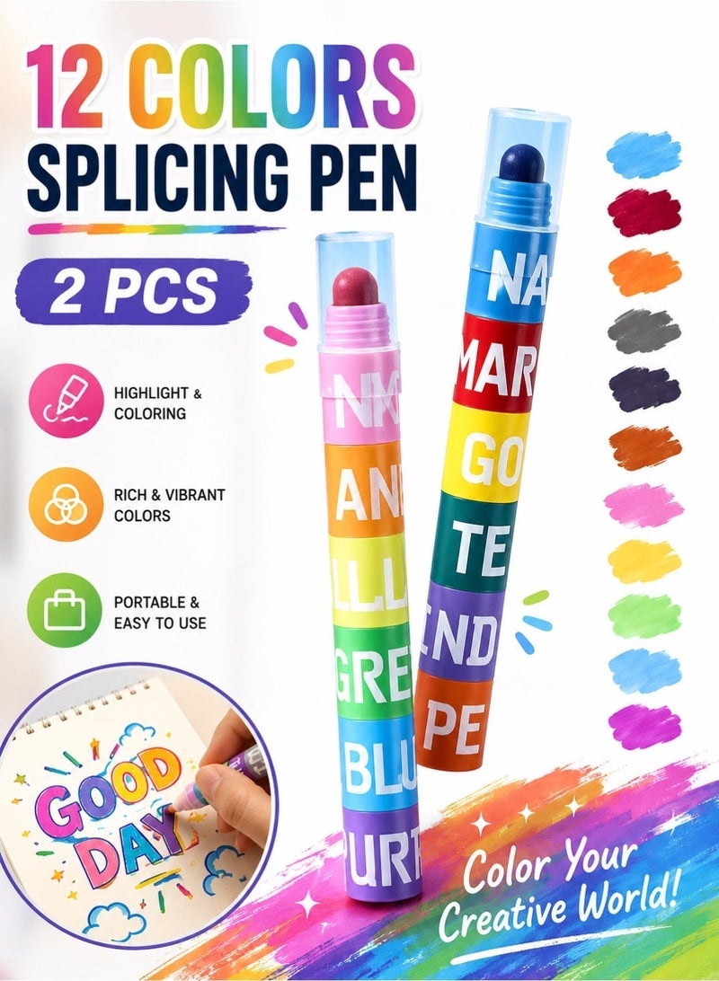 Saudi Select Kids' 12 Colors Pen Set (2 Pcs) - Splicing Mini Crayons for Highlight, Coloring & Creative Art Projects | Fun & Easy-to-Carry Drawing & Painting Supplies for Children - Image 1