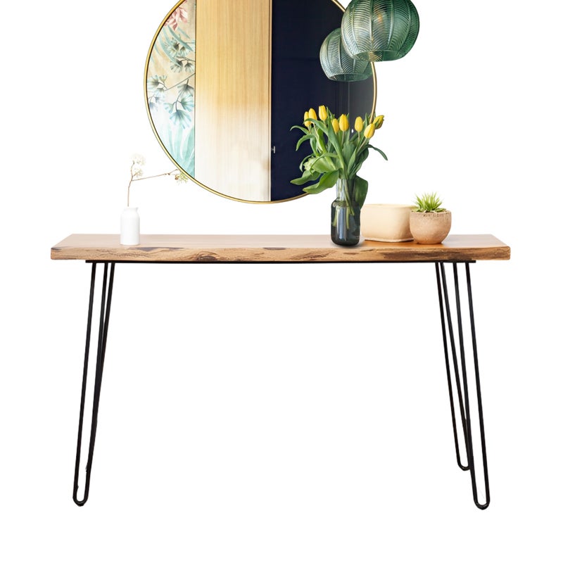 Alaterre Furniture Hairpin Natural Wood Media Console Table with Metal Legs Live Edge Design 48 in Long x 16 in Wide x 30 in High Versatile Use as Entryway Sofa Table or Living Room Console Durable and Stylish