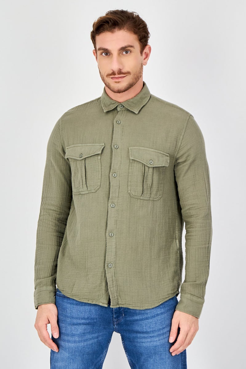 Celio Men Regular Fit Textured Long Sleeve Casual Shirt, Dark Olive - Image 1