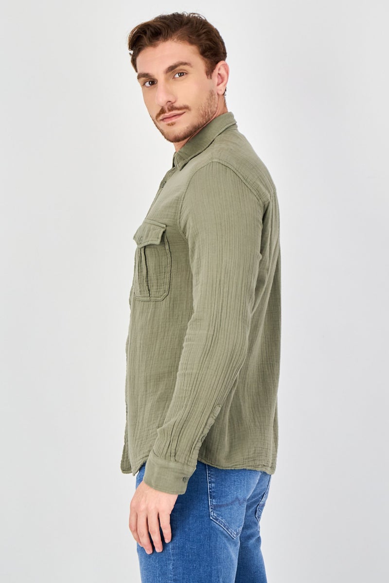 Celio Men Regular Fit Textured Long Sleeve Casual Shirt, Dark Olive - Image 3