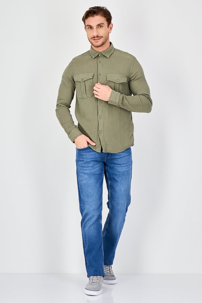 Celio Men Regular Fit Textured Long Sleeve Casual Shirt, Dark Olive - Image 2