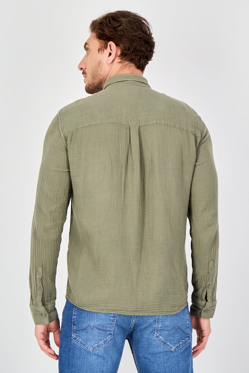 Celio Men Regular Fit Textured Long Sleeve Casual Shirt, Dark Olive - Image 4