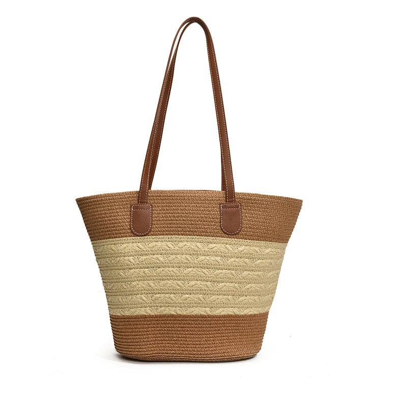 Striped Shoulder Straw Woven Bag Large Capacity Casual All-Match Women'S Seaside Woven Bag Large Tote Bag