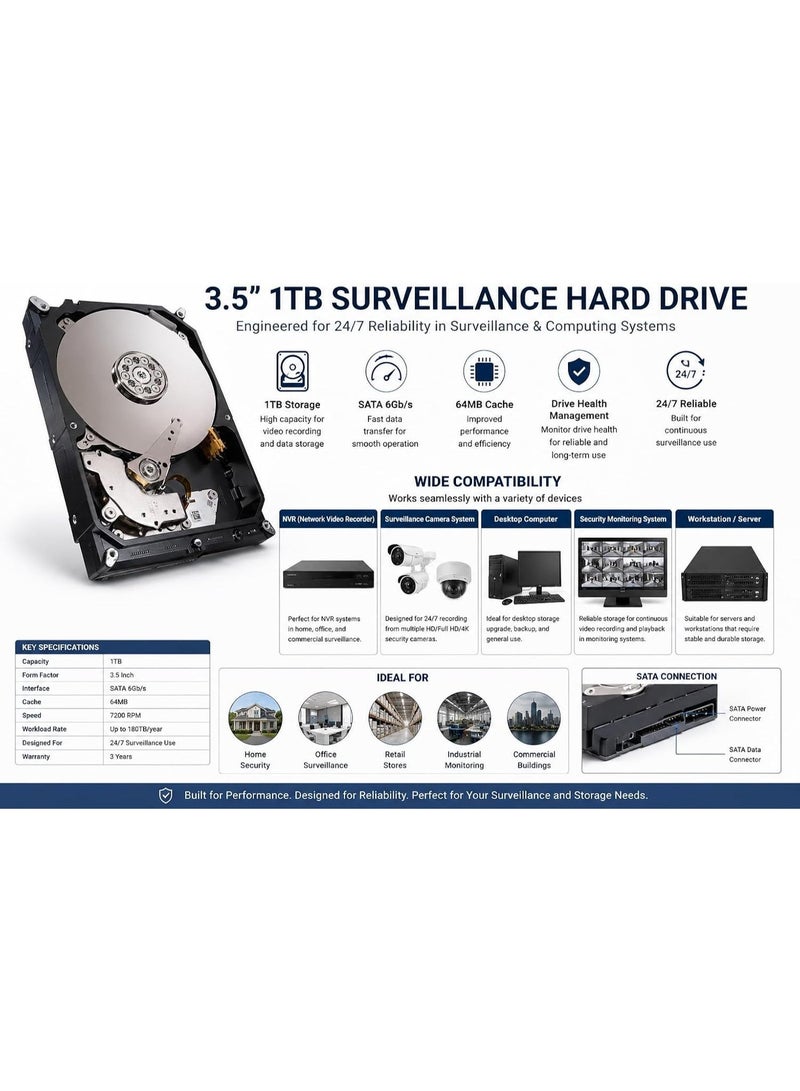 3.5 Inch 1TB Surveillance Internal Hard Drive – SATA III 6Gb/s HDD, 64MB Cache, 5400 RPM for 24/7 CCTV DVR & NVR Security Systems - Image 3