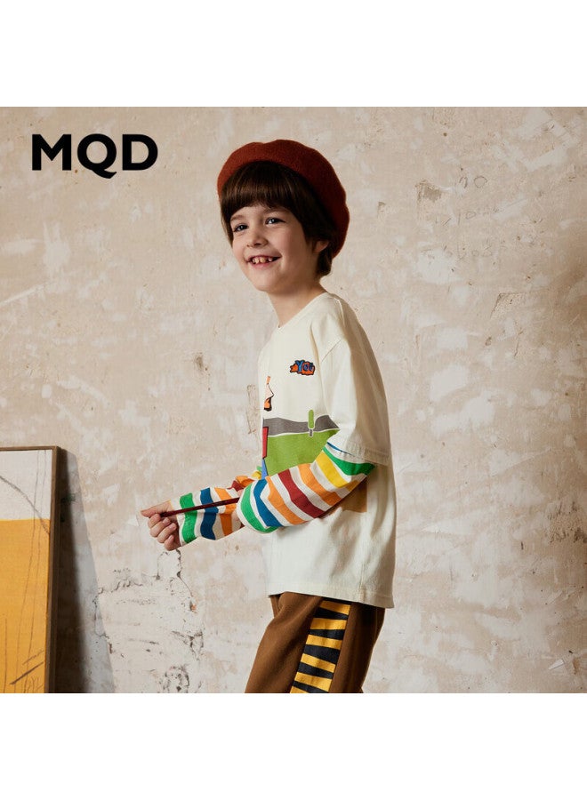 Mqd Boys' Autumn Cartoon Pattern Rainbow Long-sleeve T-shirt, Off-white, Size 160 - Image 1