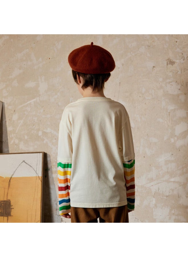 Mqd Boys' Autumn Cartoon Pattern Rainbow Long-sleeve T-shirt, Off-white, Size 160 - Image 2