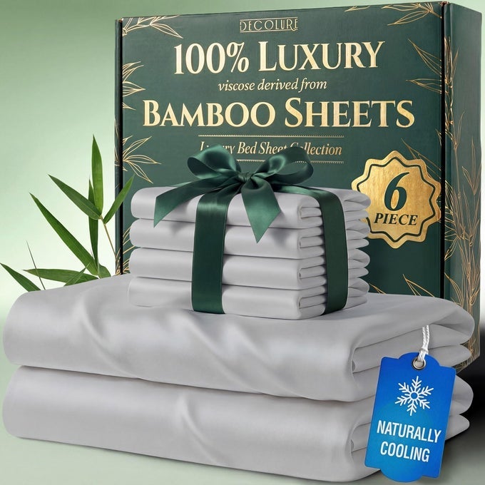 100 VISCOSE DERIVED FROM BAMBOO SHEETS KING SIZE LUXURY 6 PC NATURALLY COOLING SHEETS ULTRA SOFT BED SET DEEP 17 POCKETS DURABLE DOUBLE STITCHING OEKO TEX STANDARD LIGHT GREY