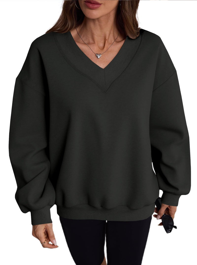 Hilinker Womens V Neck Oversized Sweatshirts Cute Pullover Drop Shoulder Long Sleeve Tops Black 3X-Large - Image 3