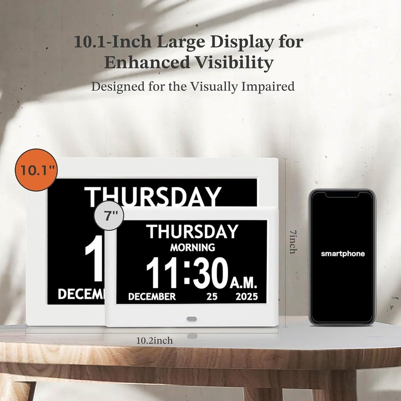 FLYRUIT 10.1'' Extra Large Digital Clock, 1280*800p HD Display, Dementia Clock For Seniors, Digital Clock With Date, Time, Day Of Week, 10 Reminders & 6 Alarms, Auto Dimming & DST, Remote Control, White - Image 3