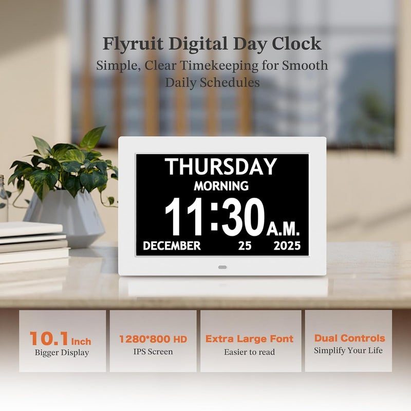 FLYRUIT 10.1'' Extra Large Digital Clock, 1280*800p HD Display, Dementia Clock For Seniors, Digital Clock With Date, Time, Day Of Week, 10 Reminders & 6 Alarms, Auto Dimming & DST, Remote Control, White - Image 2