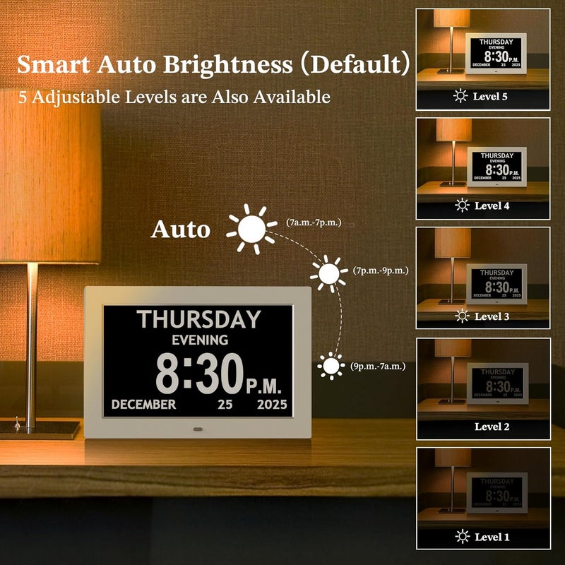 FLYRUIT 10.1'' Extra Large Digital Clock, 1280*800p HD Display, Dementia Clock For Seniors, Digital Clock With Date, Time, Day Of Week, 10 Reminders & 6 Alarms, Auto Dimming & DST, Remote Control, White - Image 5