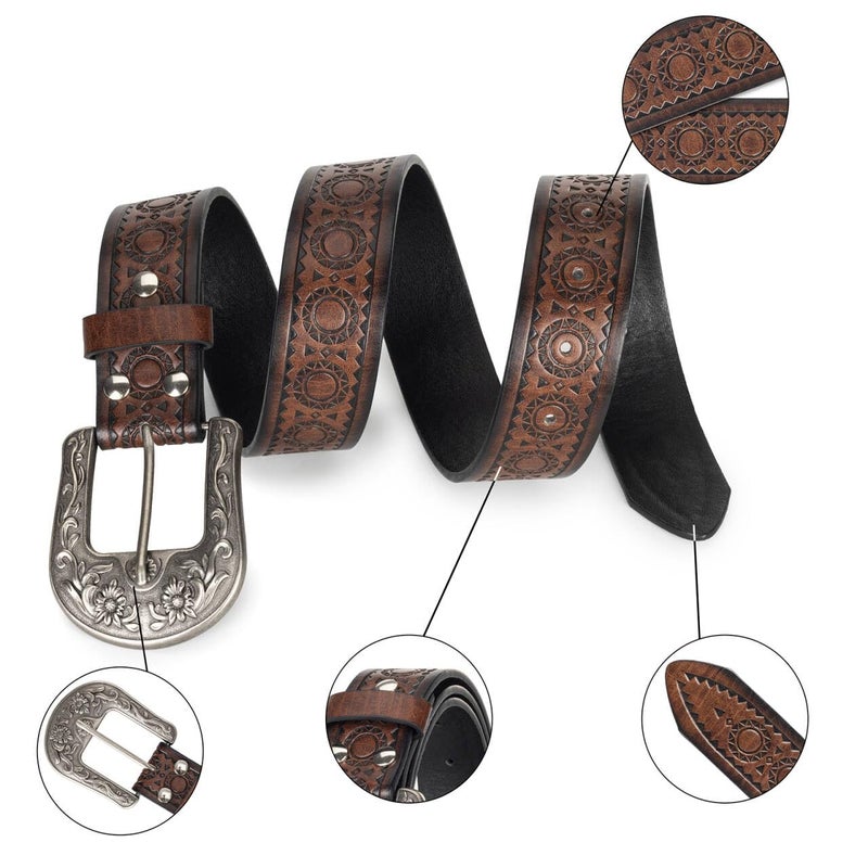 Eohak Western-Belt-for-Women-Cowgirl, PU-Leather-Waist-Belts with Vintage-Carved-Buckle and Tips-Ends for Jeans Pants Dresses - Image 3