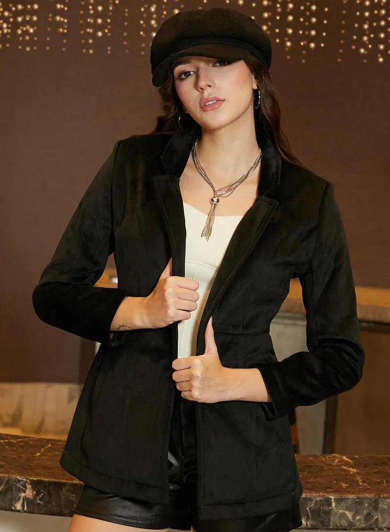 Campus Sutra Women's Onyx Black Single-Breasted Blazer For Casual Wear | Lapel Collar  | Long Sleeve | Button Closure | Blazer Crafted With Comfort Fit For Everyday Wear