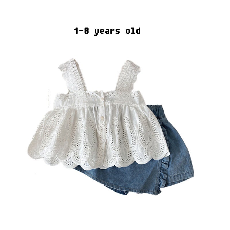 2023 baby girl summer suit lace sling Denim shorts two-piece childrens summer cool clothing KA lace clothing and Denim shorts 