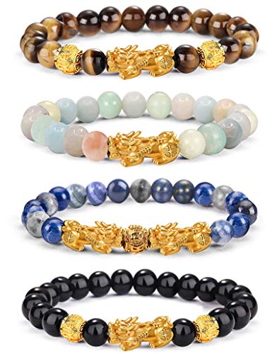 EIELO Feng Shui Pixiu Good Luck Bracelets for Men Women Natural Gemstone Healing Energy Obsidian Pi Yao Dragon Charm Beaded Bracelet Attach Wealth Money Jewelry 8MM - Image 1
