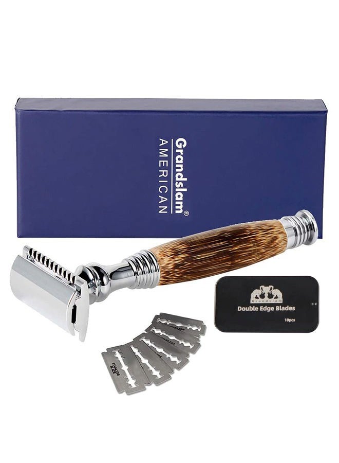 Grandslam Double Edge Safety Razor + 10 Blades Safety Razor with Handmade Long Natural Bamboo Handle Eco Friendly Safety Razors for Women/Men Ladies Shaver - Image 1