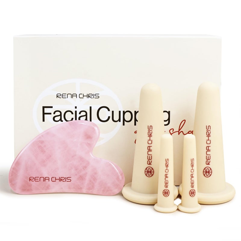 Rena Chris Facial Cupping Set  Gua Sha Facial Tool  Silicone Cupping Set  Rose Quartz Gua Sha Stone  Face Cupping Therapy Set for Natural Skin Care Puffiness Lip PlumpingPink