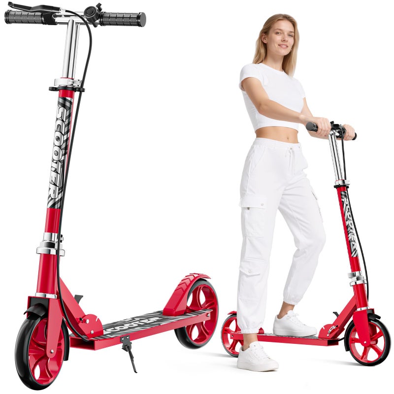 GRENYX Scooters for Kids 8-12, Teens & Adults - Lightweight, Foldable, 8-Inch Big Wheels, Hand Brake & Bell, 4 Adjustable Height Levels, 240 lbs Max Load, Perfect for School, Campus and Park Rides, Red - Image 1