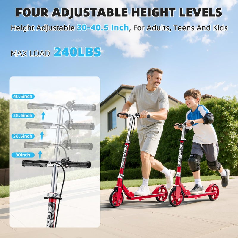 GRENYX Scooters for Kids 8-12, Teens & Adults - Lightweight, Foldable, 8-Inch Big Wheels, Hand Brake & Bell, 4 Adjustable Height Levels, 240 lbs Max Load, Perfect for School, Campus and Park Rides, Red - Image 3