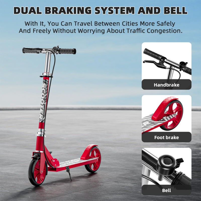 GRENYX Scooters for Kids 8-12, Teens & Adults - Lightweight, Foldable, 8-Inch Big Wheels, Hand Brake & Bell, 4 Adjustable Height Levels, 240 lbs Max Load, Perfect for School, Campus and Park Rides, Red - Image 2