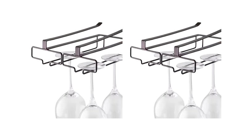 Wine Glass Holder Under Cabinet, Black Metal Storage Rack, Stemware Organizer for Kitchen, Bar (2)