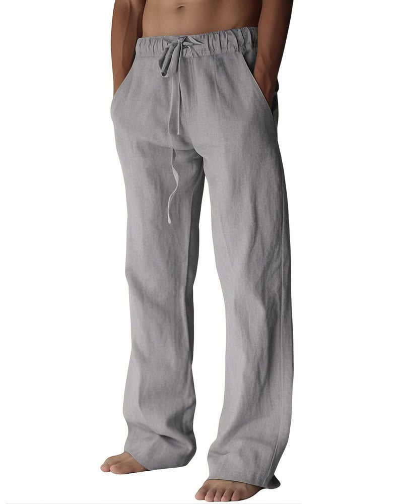 PIDOGYM Mens Cotton Linen Pants, Summer Beach Pants Casual Loose Fit with Elastic Waist Drawstring Light Grey - Image 1