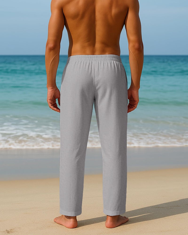 PIDOGYM Mens Cotton Linen Pants, Summer Beach Pants Casual Loose Fit with Elastic Waist Drawstring Light Grey - Image 5