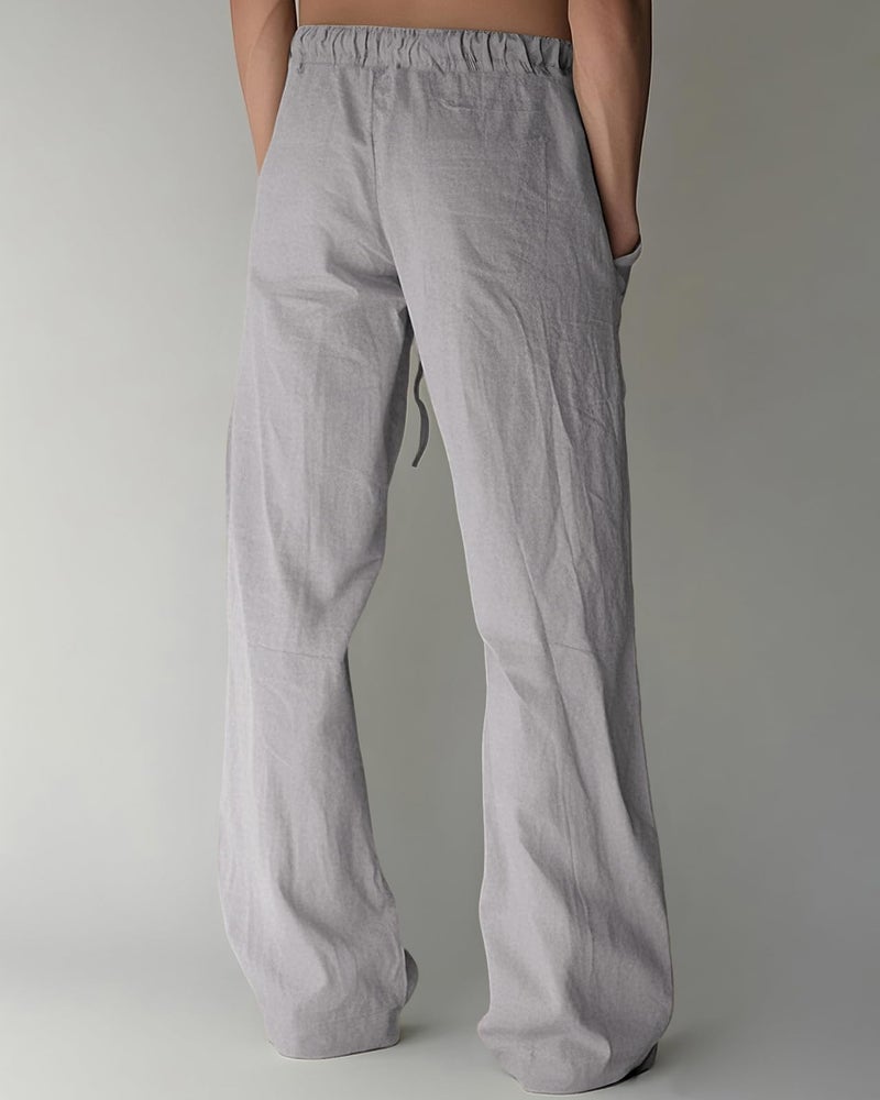 PIDOGYM Mens Cotton Linen Pants, Summer Beach Pants Casual Loose Fit with Elastic Waist Drawstring Light Grey - Image 3