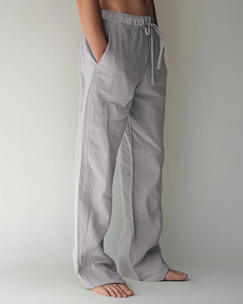 PIDOGYM Mens Cotton Linen Pants, Summer Beach Pants Casual Loose Fit with Elastic Waist Drawstring Light Grey - Image 2