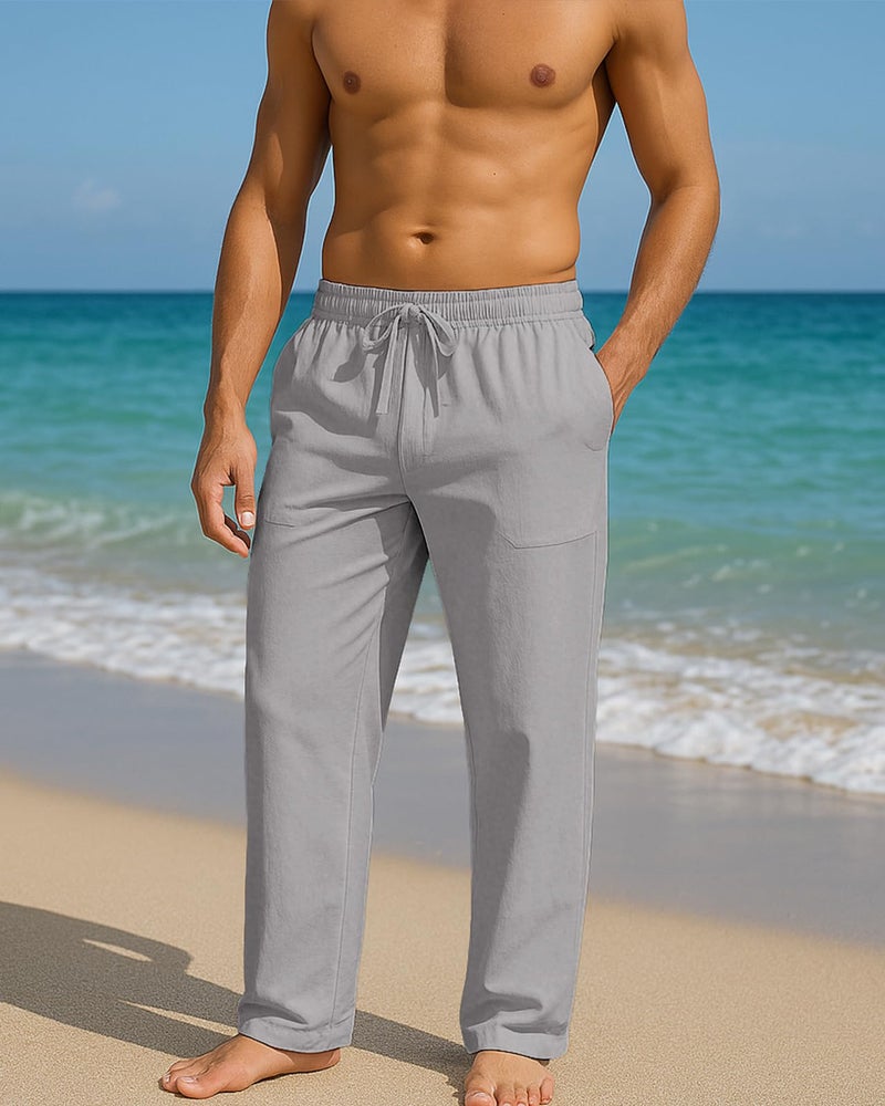 PIDOGYM Mens Cotton Linen Pants, Summer Beach Pants Casual Loose Fit with Elastic Waist Drawstring Light Grey - Image 4