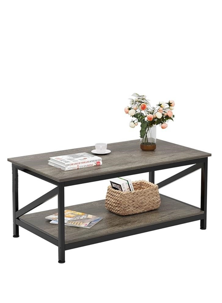 Generic Coffee Table with Storage Shelf,Modern Central Table with 2 Tier Shelves,Black Metal Table Legs, Wooden Tabletop and Metal Frame,Industrial Wooden Coffee Table,100 * 55cm  - Image 1