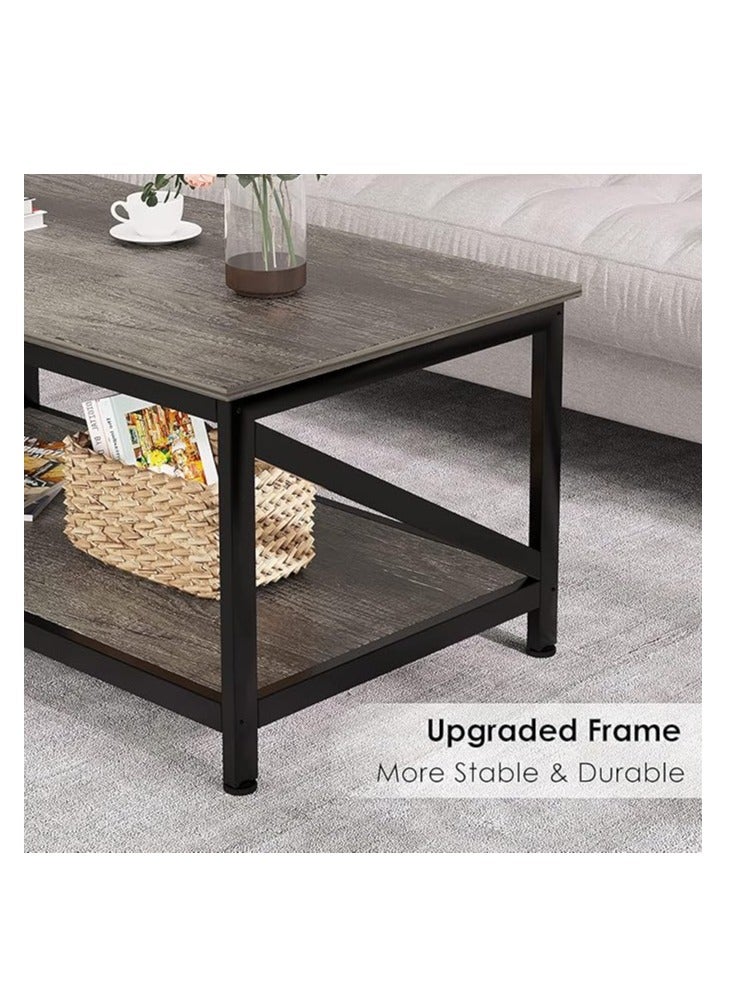 Generic Coffee Table with Storage Shelf,Modern Central Table with 2 Tier Shelves,Black Metal Table Legs, Wooden Tabletop and Metal Frame,Industrial Wooden Coffee Table,100 * 55cm  - Image 2