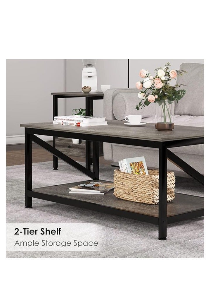 Generic Coffee Table with Storage Shelf,Modern Central Table with 2 Tier Shelves,Black Metal Table Legs, Wooden Tabletop and Metal Frame,Industrial Wooden Coffee Table,100 * 55cm  - Image 3