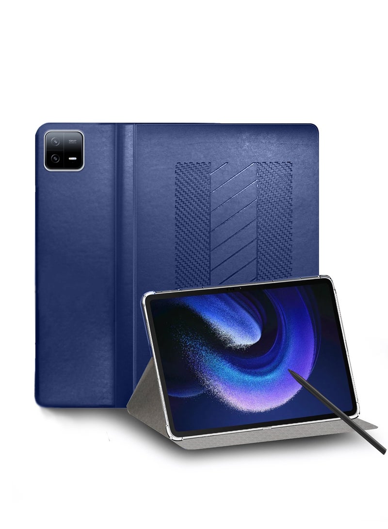 BYTER PU Leather Classic Trifold Stand Flip Case Cover For Xiaomi Pad 6 / Pad 6 Pro 11 Inch 2023 Navy Blue - Image 1