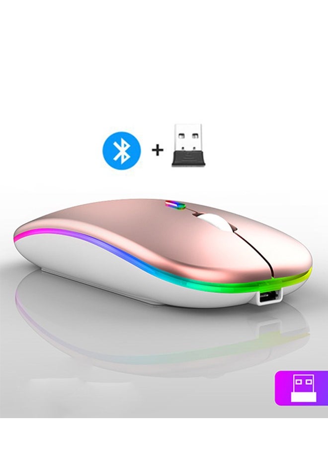 ماركة غير محددة - ماوس لاسلكي بتقنية البلوتوث، بلوتوث 5.1 + USB، ماوس لاسلكي صامت قابل لإعادة الشحن بتردد 2.4 جيجاهرتز، فأرة كمبيوتر مع مستقبل USB (ذهبي وردي مع إضاءة RGB) - Image 1