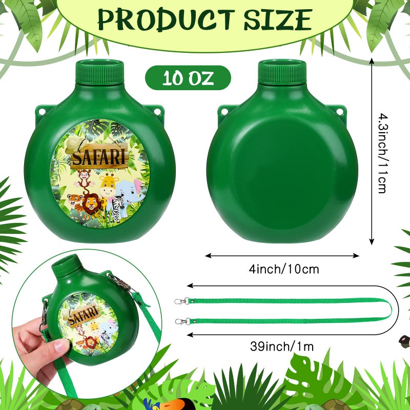 Eaasty 24 Set Jungle Safari Party Supplies Kids Canteens with Strap 10 oz Plastic Reusable Water Bottle Bulk for Zoo Animal Camo Camping Theme Birthday Decoration (Green) - Image 3