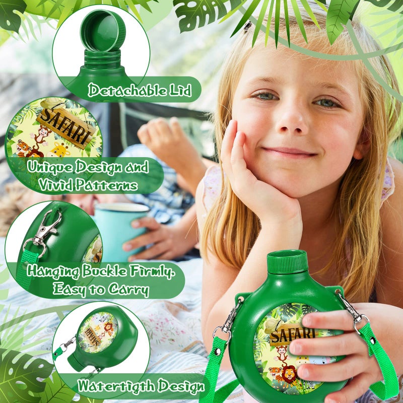 Eaasty 24 Set Jungle Safari Party Supplies Kids Canteens with Strap 10 oz Plastic Reusable Water Bottle Bulk for Zoo Animal Camo Camping Theme Birthday Decoration (Green) - Image 4