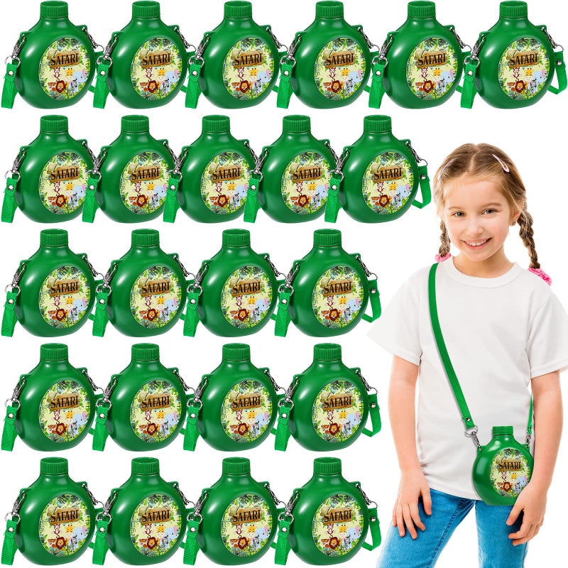 Eaasty 24 Set Jungle Safari Party Supplies Kids Canteens with Strap 10 oz Plastic Reusable Water Bottle Bulk for Zoo Animal Camo Camping Theme Birthday Decoration (Green) - Image 1