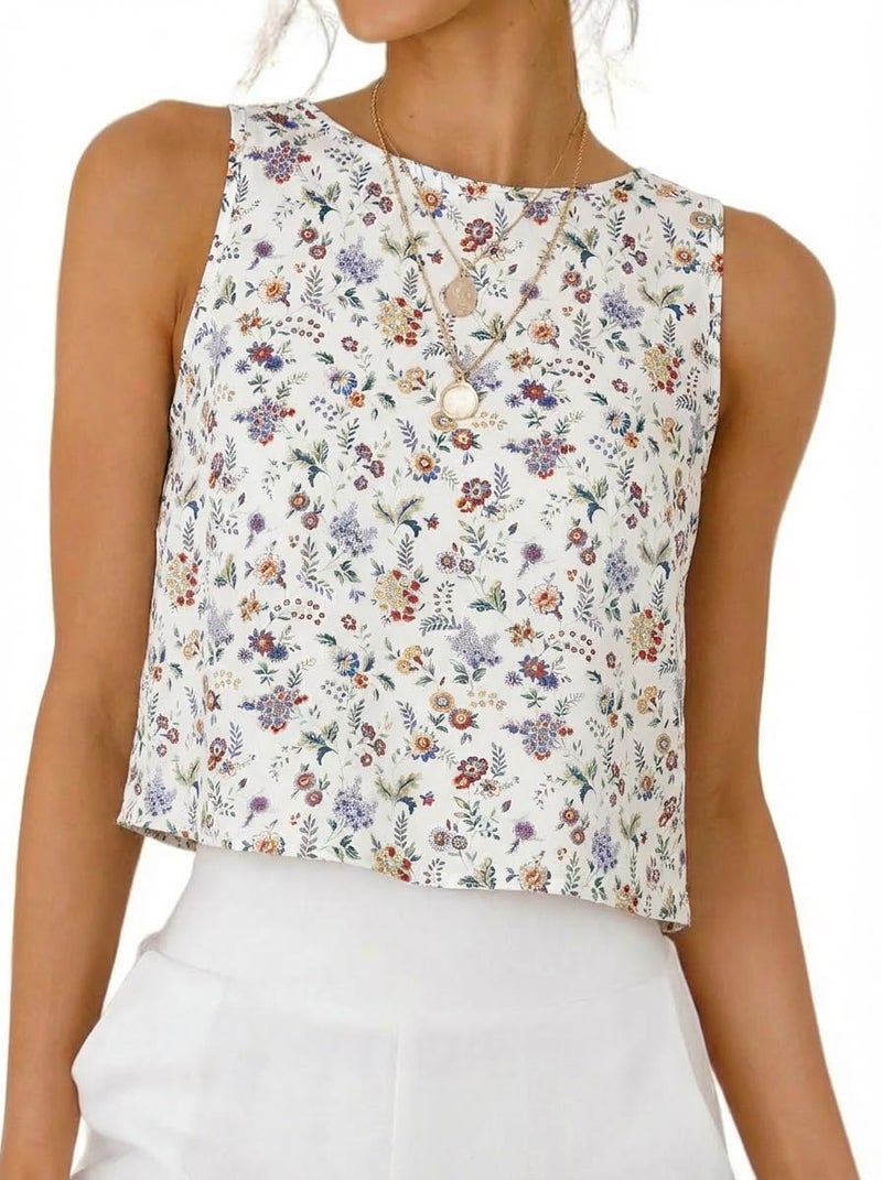 IDEALSANXUN Floral Tank Tops for Women 2026 Spring Summer Beach Boho Sleeveless Shirts Blouses Cute Crop Vest Top, Floral White, M - Image 1